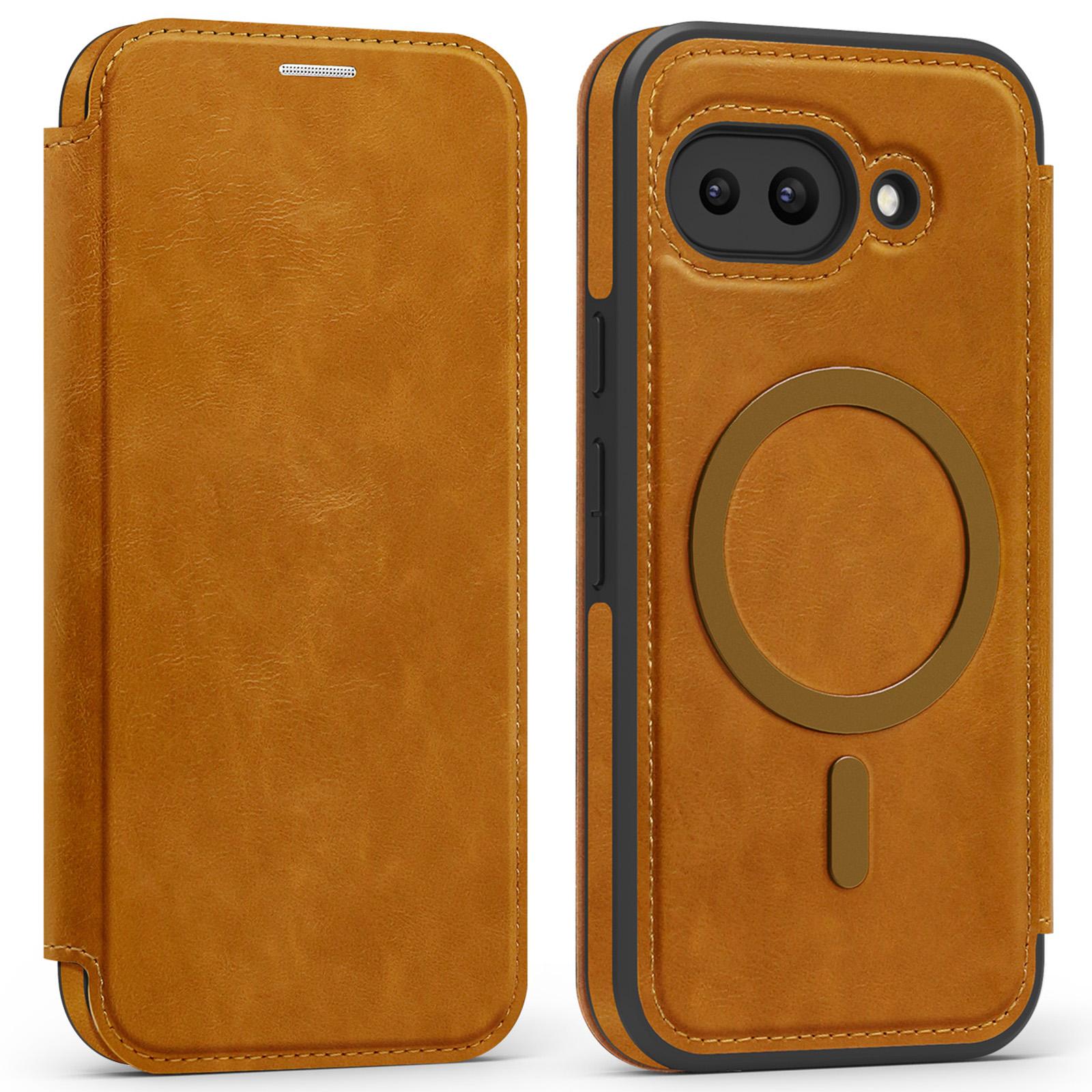 

For Google Pixel 9a Case Compatible with MagSafe RFID Blocking Card Holder Leather Phone Cover Brown