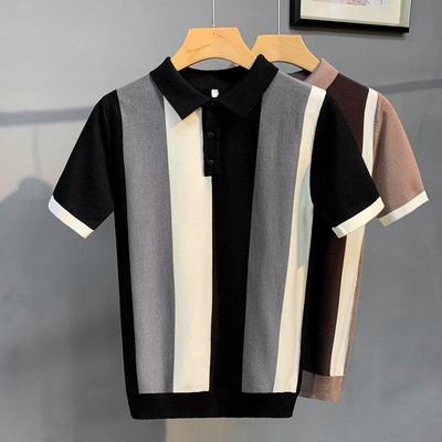 Erkek Modaya Uygun Yazlık Çizgili Buz İpeği Polo Kazak - Genç Moda Günlük Üst