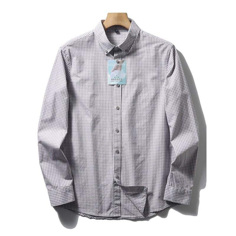 Japanese-Style Retro Pure Cotton Blue Small Plaid Shirt Men's Spring & Fall Long Sleeve Inner Wear Export Cattle Goods Cotton Non-Ironing Shirt