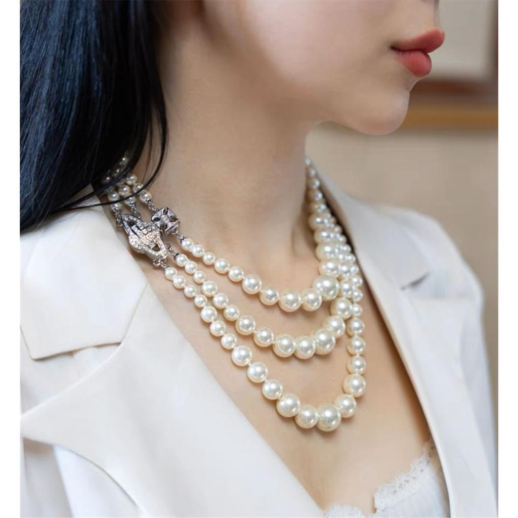 Tooxika Triple Gradient Pearl Magnetic Clasp Saturn Necklace Luxury Collar Chain For Women