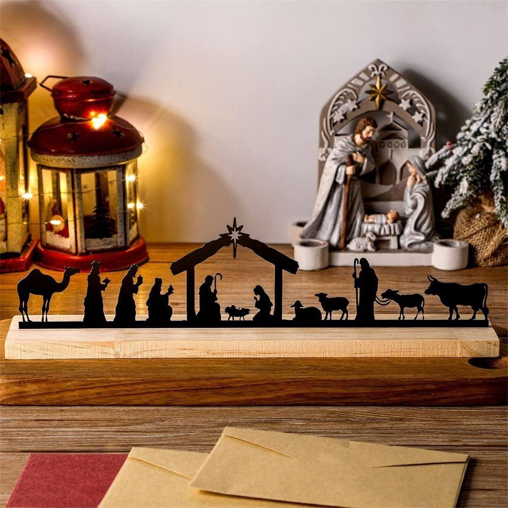 Wysokiej Jakości Szopka Bożonarodzeniowa Dekoracja Metal Drewniana Podstawa Dekoracja Stołowa Czarny Ornament Domowy Dom