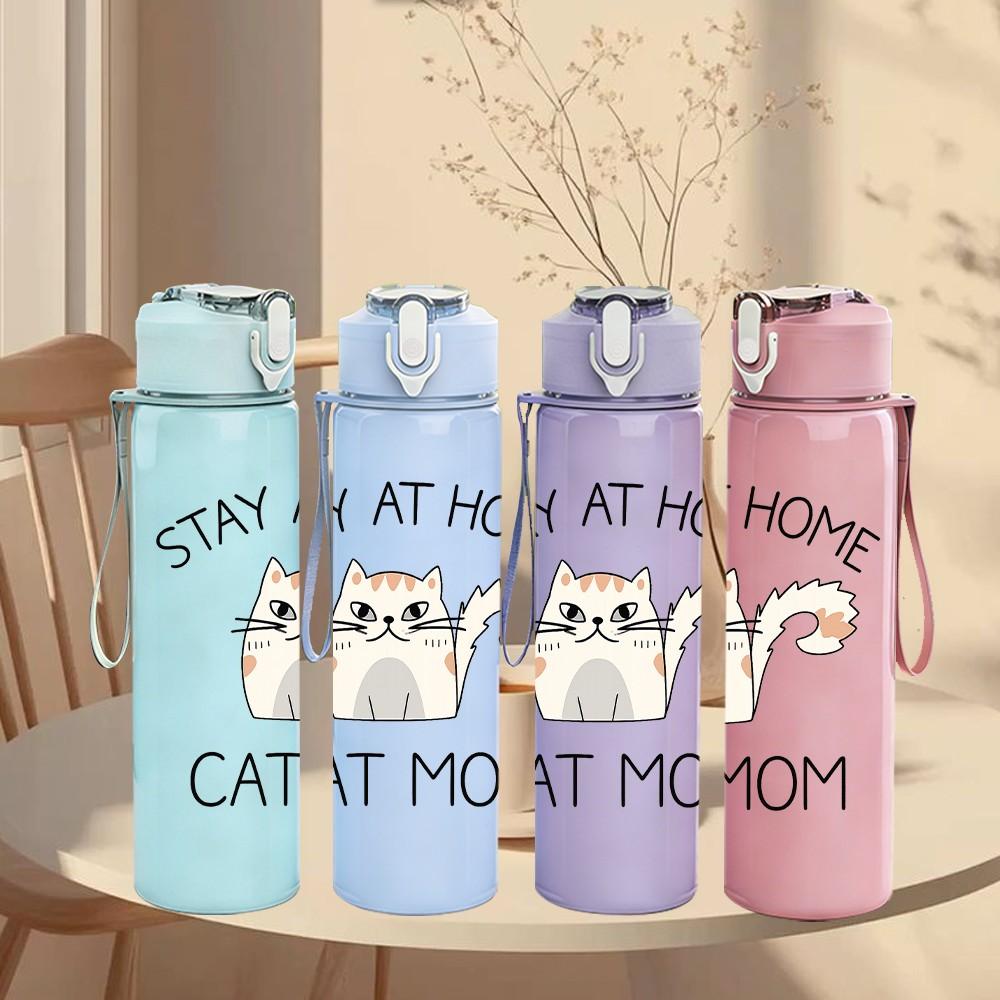 1PC Stay At Home Cat Mom Art 750ml Color Plastic Sports Water Bottle Leakproof Flip Straw Lid Suitable for Sports Office Home Use