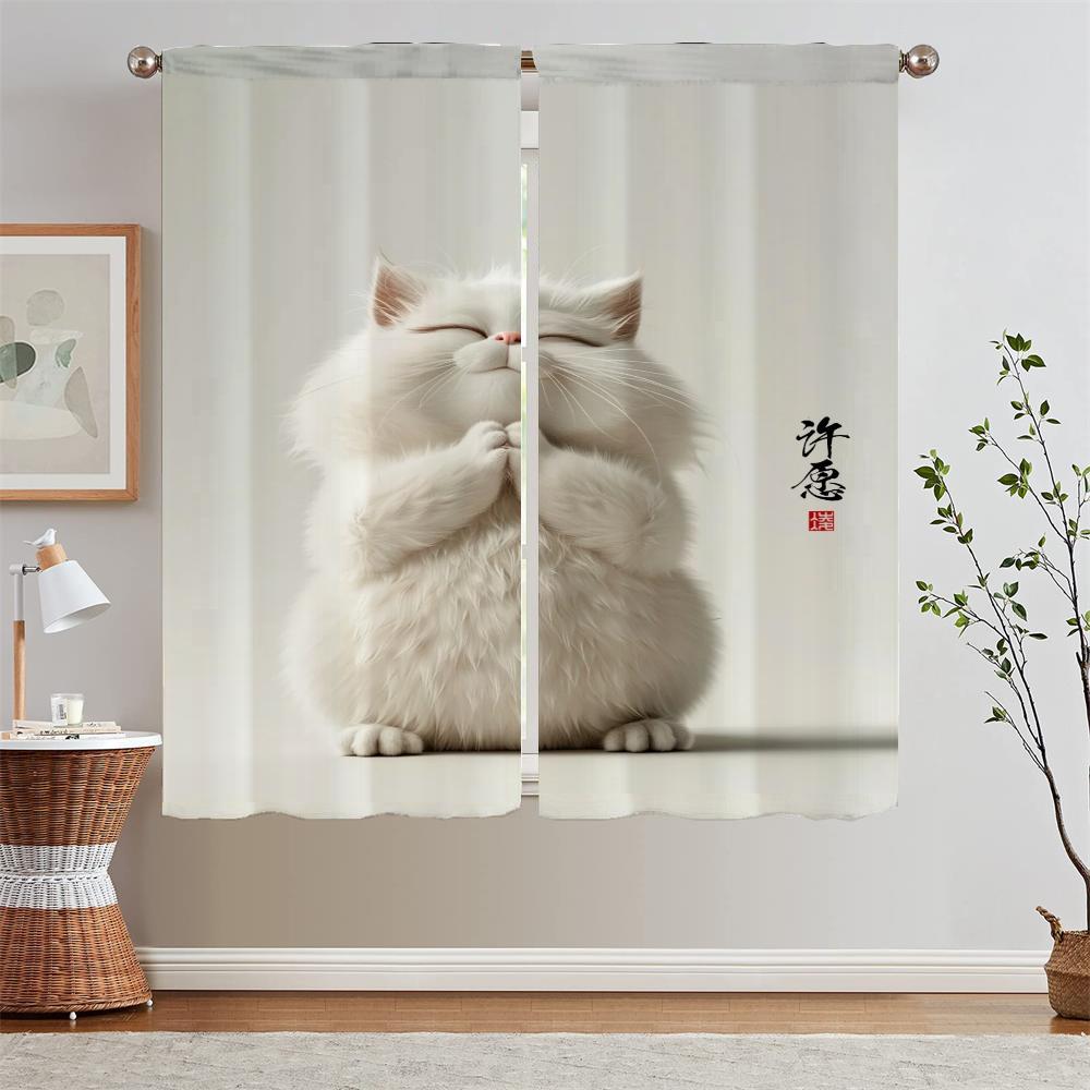 Curtains for Kitchen Curtains 2 Pieces Window Meditation Cat Cabinets for Living Room Decoration Fabric Curtain Tiebacks Blind