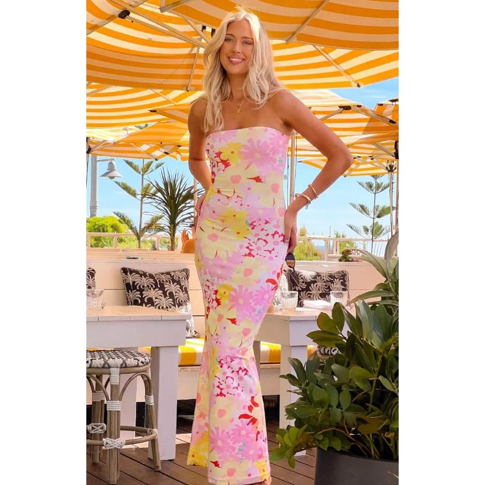 Schlankes Blumenmuster Off-Shoulder Ärmellos Rückenfrei Eleganz Kleid Damen Bodycon Langes Tube-Top Kleid für Party Club