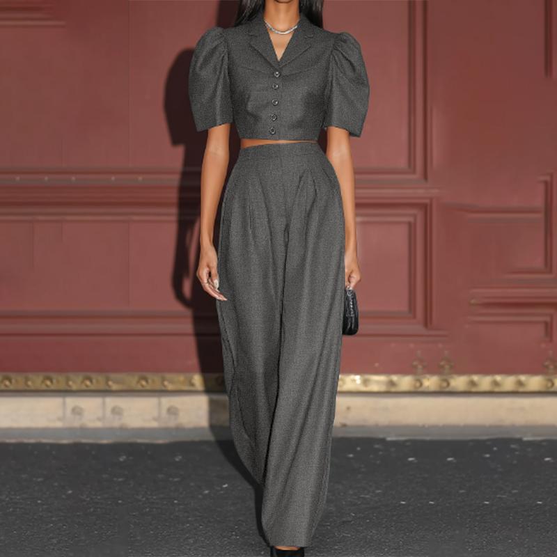 

ZANZEA Women Short Sleeve Cropped Tops and Long Pants Two Piece Suit Sets M темно-серого