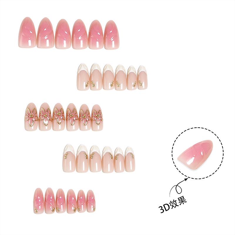 Hot-Selling 3D Pink Flower Gilded False Fingernails: Short Wearable Nail Art Set