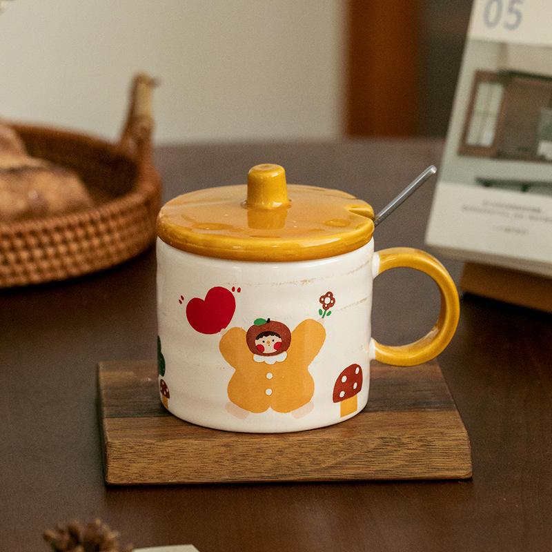 A Family Retro Ceramic Mug High Looking Household Couple Breakfast Cup with Lid Spoon Souvenir