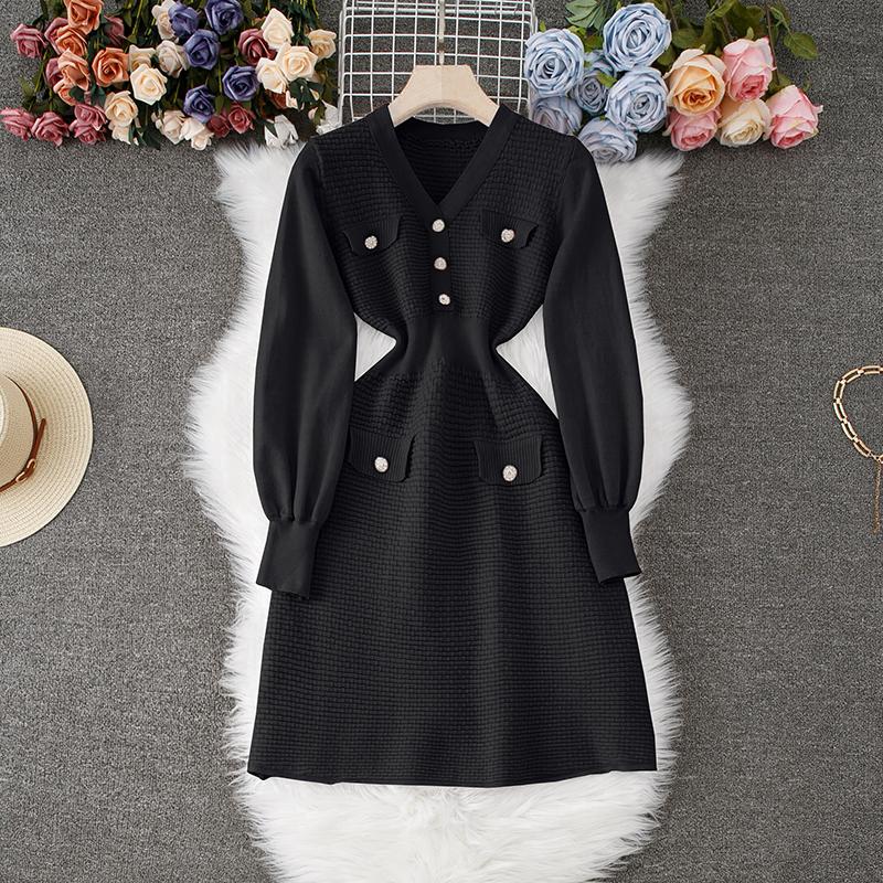 Herbst Winter Frauen Elegante V-ausschnitt Solide Strick Pullover Mini Kurze Kleider