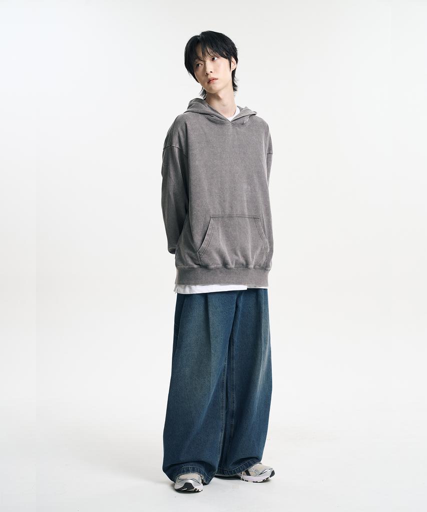 Mubeun Vintage Double-Pleat Wide Curved Denim Pants Washed Deep Blue
