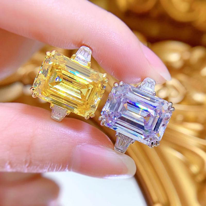 Hui Zhi Yi 2023 S925 Sterling Silver Yellow Diamond Ring for Women - European & American Style, High Carbon 11*15mm Gem