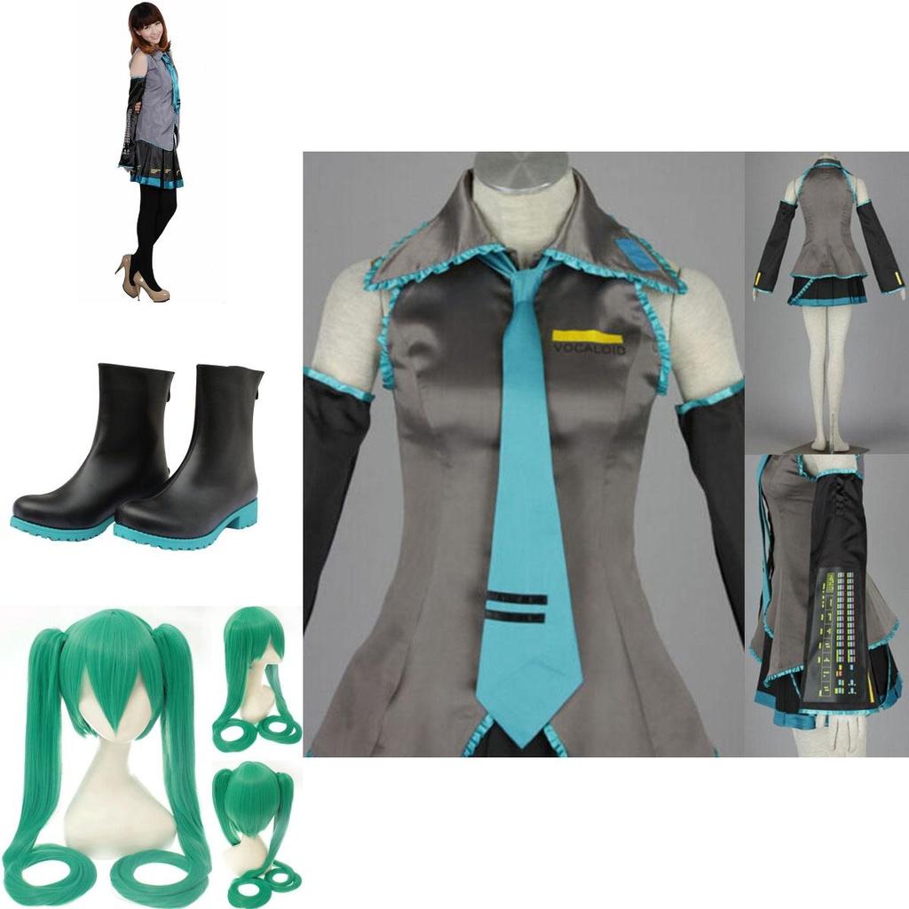 Nádherný Cosplay Kostým Paruka Top Šaty Kravata Kompletní Oblečení Hatsune Miku Vocaloid