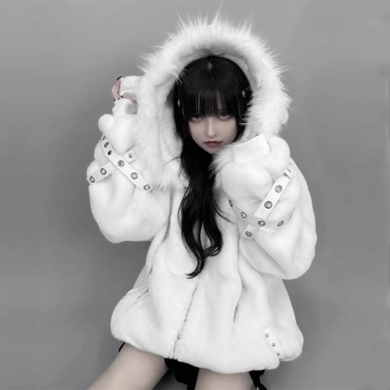 Autumn Winter Oversized Warm Soft White Faux Fur Coat Women with Hood Harajuku Fashion Fluffy Jacket Streetwear 2025
