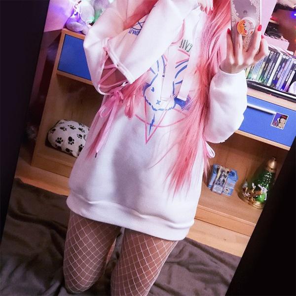 Harajuku Pentagram Lace Embossed Women's Polar Hoodies Punk Gothic Cute Bunny Oversize Hooded Velvet Sweatshirt Jersey Streetwear