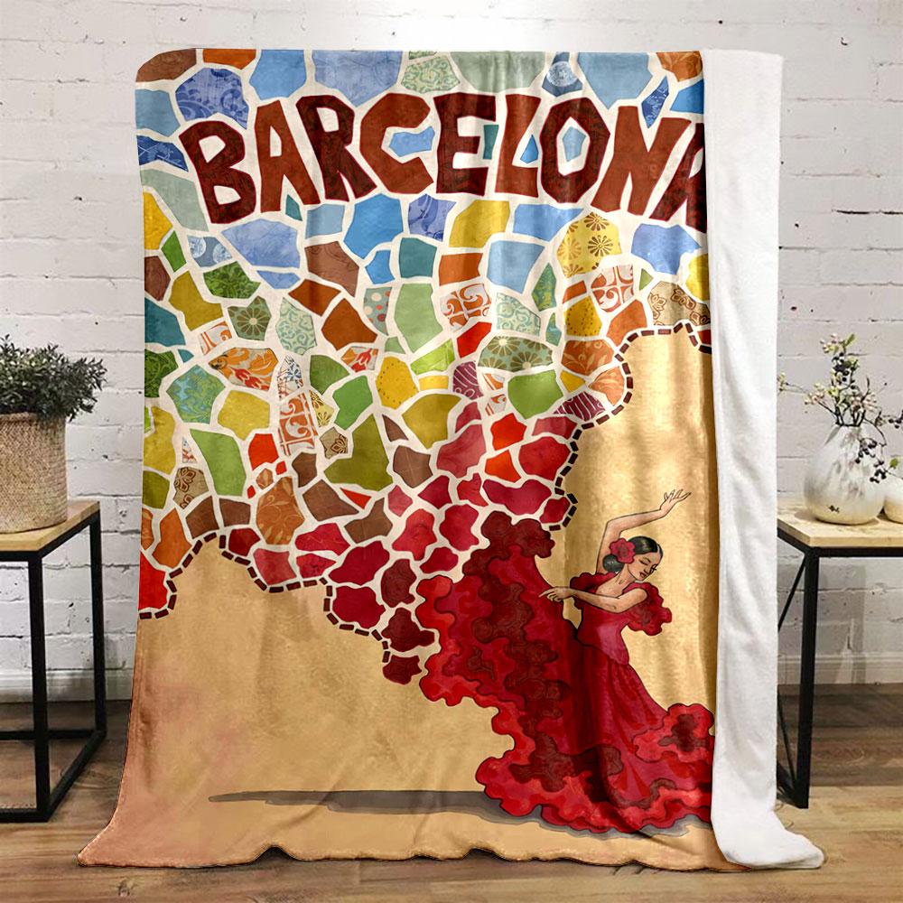 Mosaic tiles with vibrant colors and patterns forming Barcelona text. for all seasons blanket lunch break throw gift