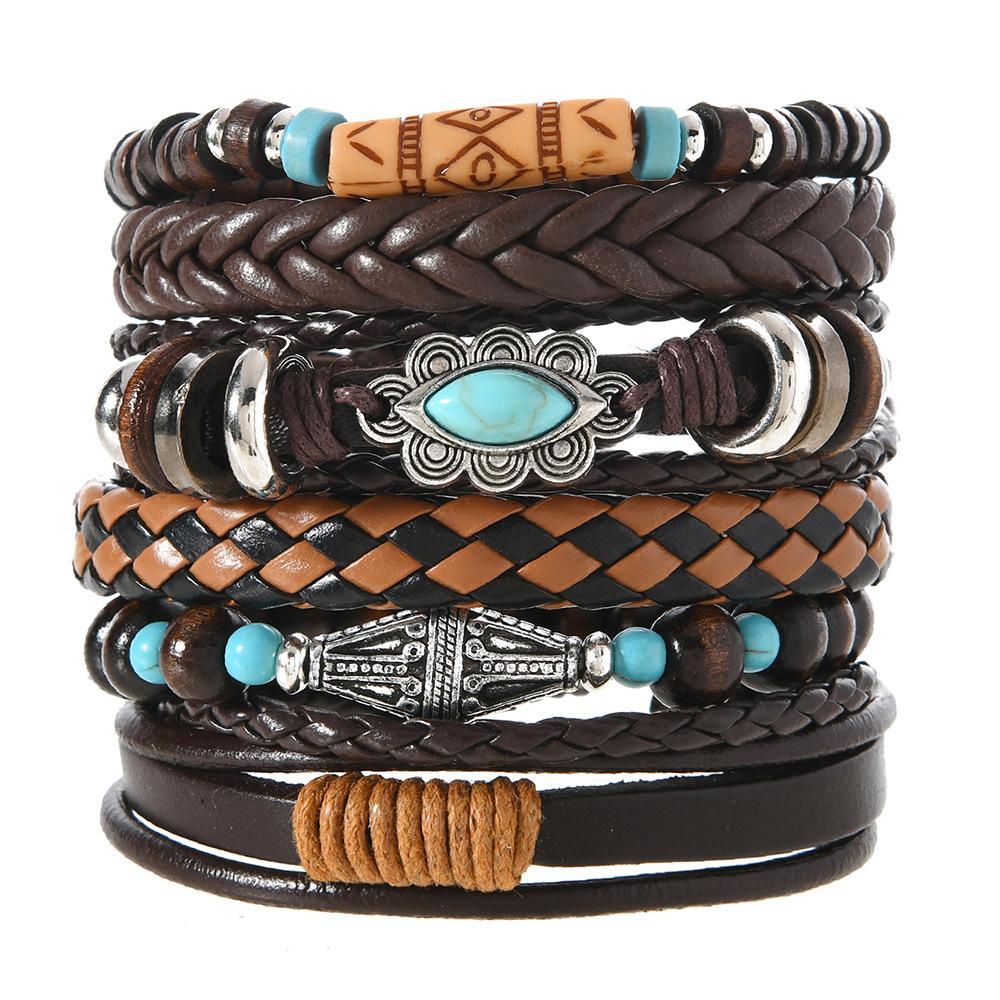 Leather Bracelets for Men Women Handmade Wrap Woven Cuff Bracelets Wooden Beaded Bracelets Vintage Ethnic Tribal Wristbands Bracelet Set Adjustable