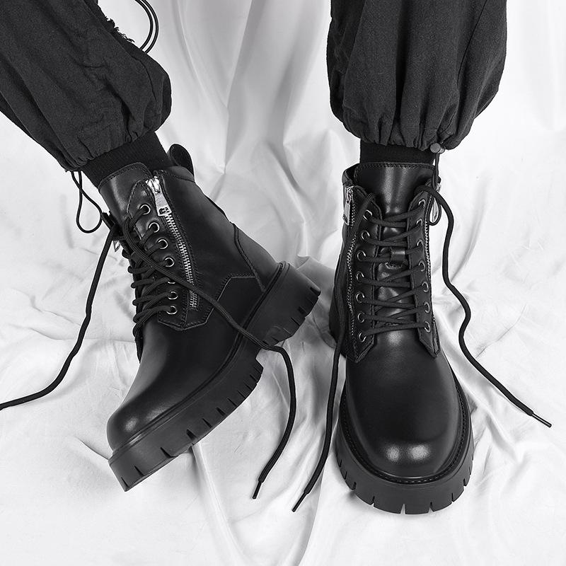 2024 Men's Mid-Cut Height-Enhancing Martin Boots with Soft Side Zipper - British Workwear Style High-Tops