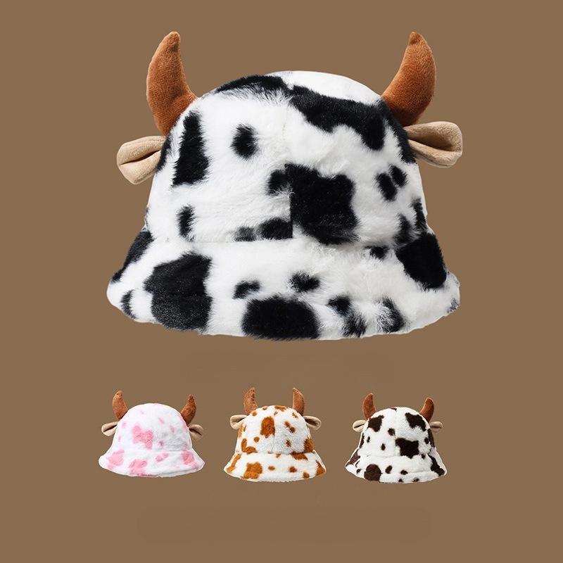 Cow Pattern Horn Bucket Hat Women's Fashion Plush Thickened Warm Hats Caps Women’s