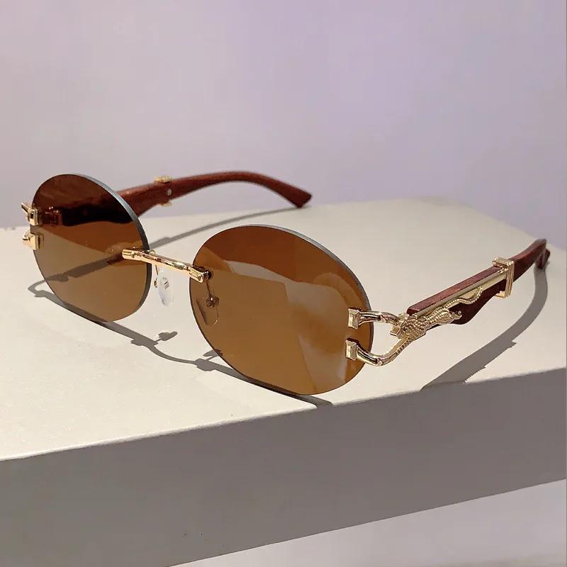 New Luxury Designer Vintage Rimless Oval Sunglasses Women Men Trendy Punk Metal Leopard Eyeglasses