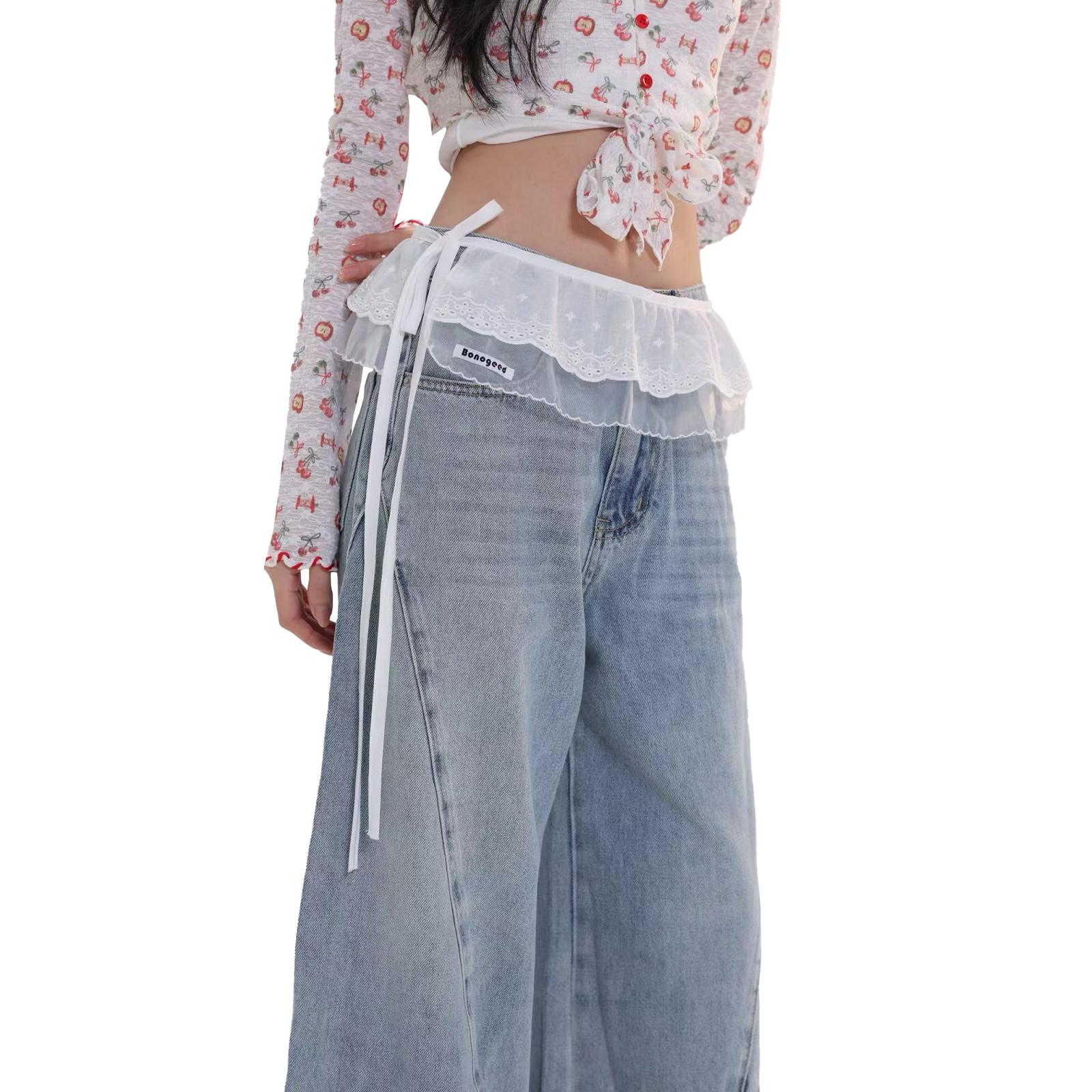 

Y2K Lace Ruffle Hem Extender, Adjustable Waist, Layered Accessory for Jeans One Size