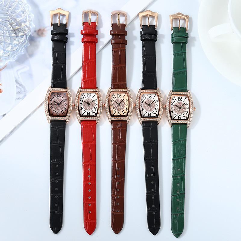 Vintage Wine Barrel Shape Ladies Watch With Crystals And Leather Strap For Casual Wear