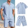 Mens Casual Solid Color Linen Short Sleeve Polo Shirt And Shorts Set
