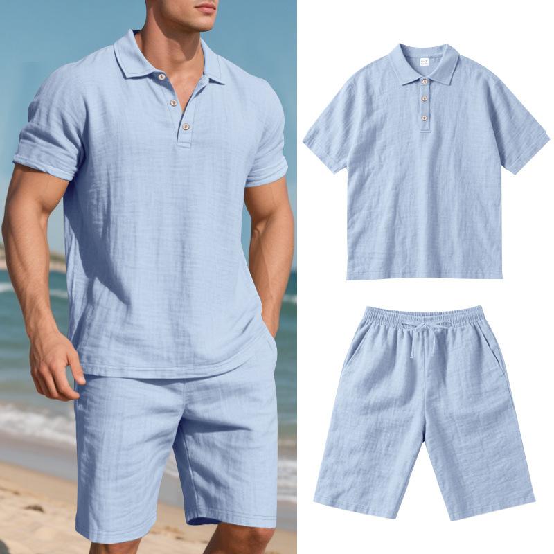 Mens Casual Solid Color Linen Short Sleeve Polo Shirt And Shorts Set