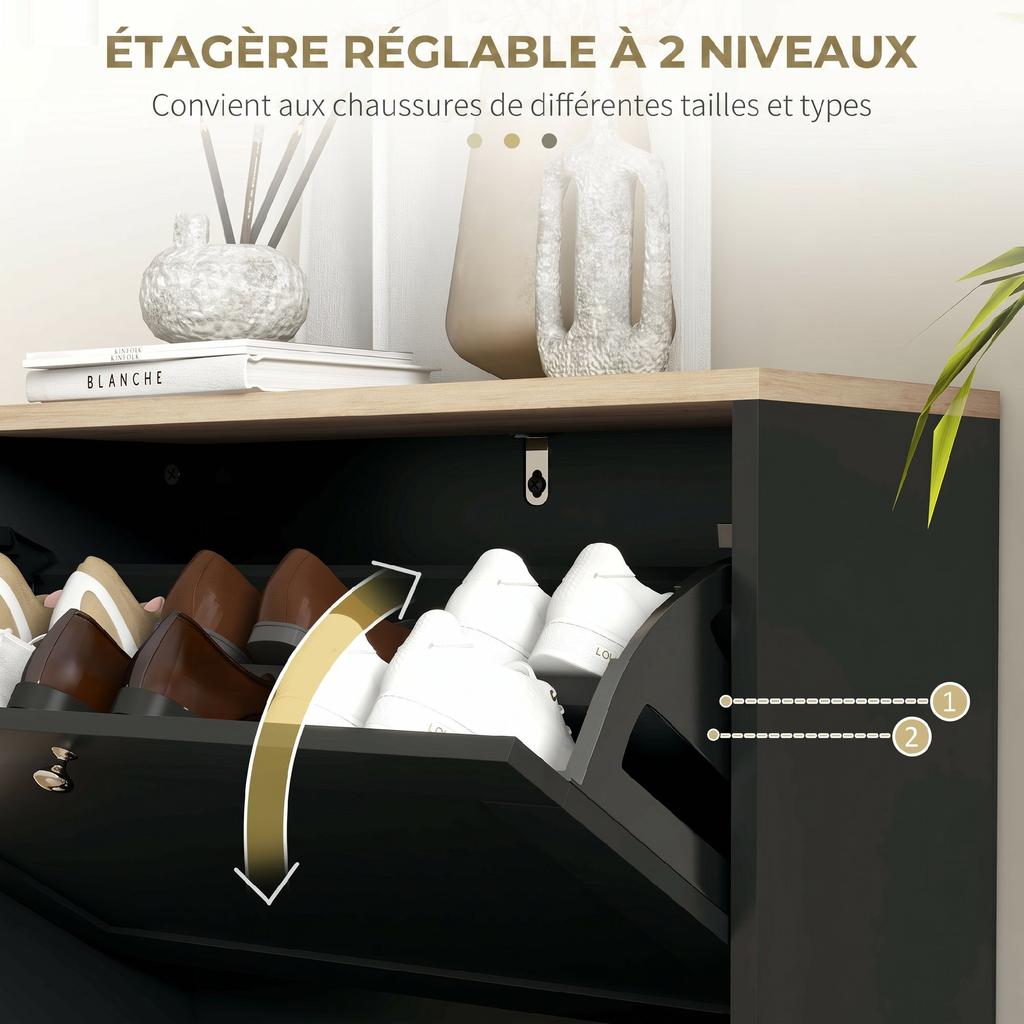 Shoe Cabinet for 12 Pairs, 2 Drop-Down Drawers, Adjustable Shelves, 60x23.5x80cm, Black