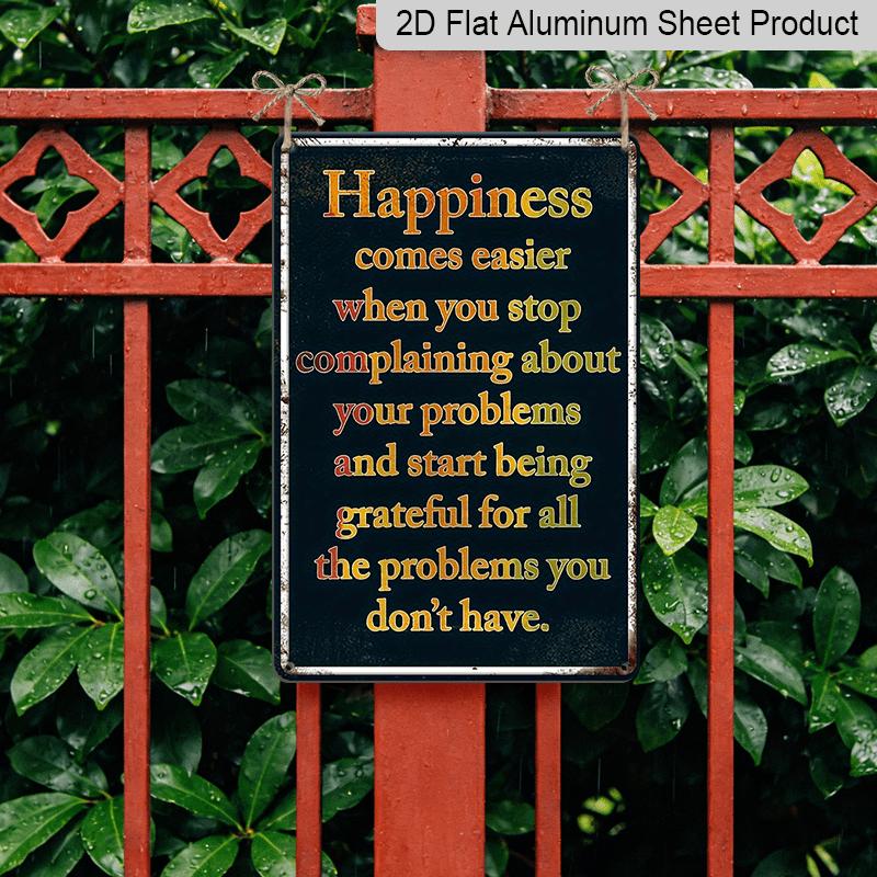 2D Flat, Vintage "Happiness Comes Easier" Metal Wall Art Sign - Retro Aluminium Decor with Inspirational Quote, Ideal for Home, Office, Bar, Garage