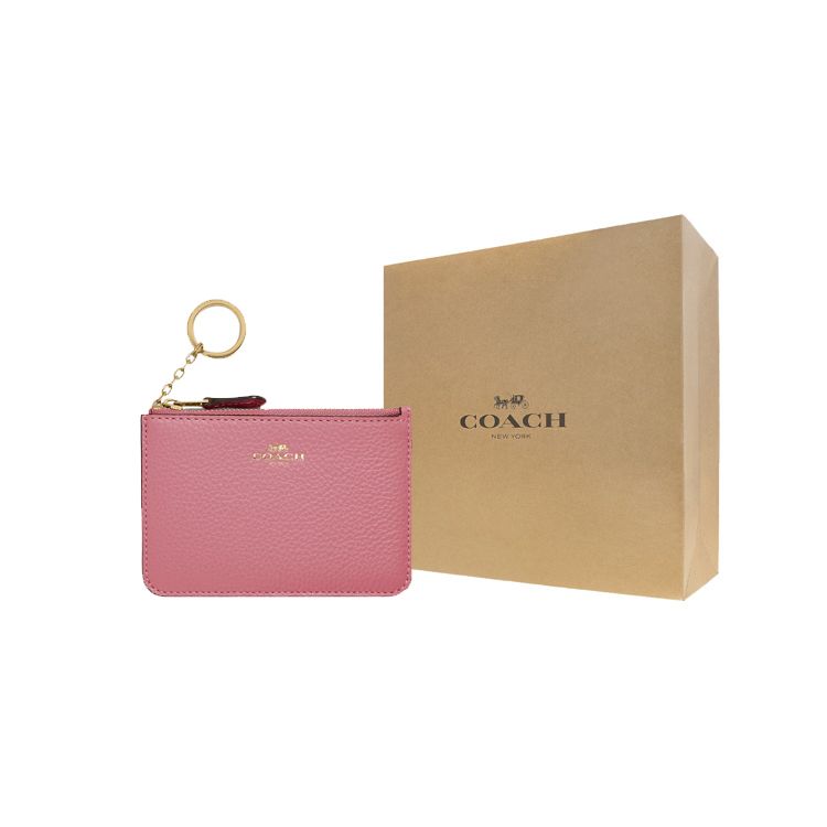 Coach Key Case 13 Solid Color Letter Logo Zipper Pebble Grain Leather Wallet Key Pouch Women Wallets Pink C7957G-IMOUS
