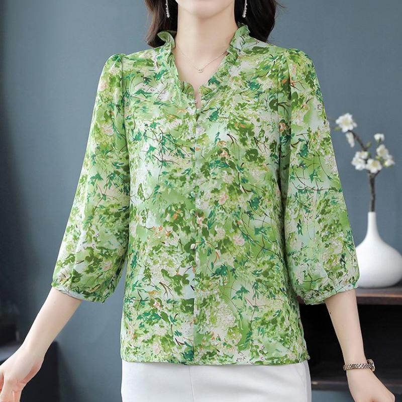 Nine Quarter Sleeve Chiffon Shirt Women Loose Fitting Mother's Bottoming Blouse Floral Top M-4XL