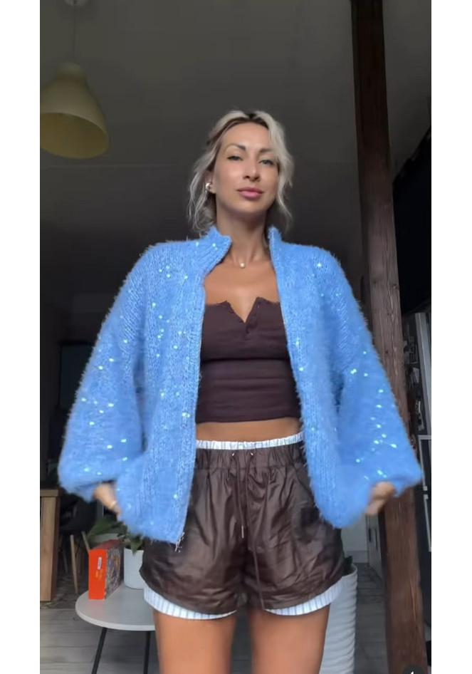 2026 Autumn/Winter Blue Sequin Knit Cardigan Sweater for Women