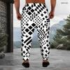 Men s Plus Size Black White Geometric Printed Drawstring Cuffed Ankle Jogger Pants With Side Pockets