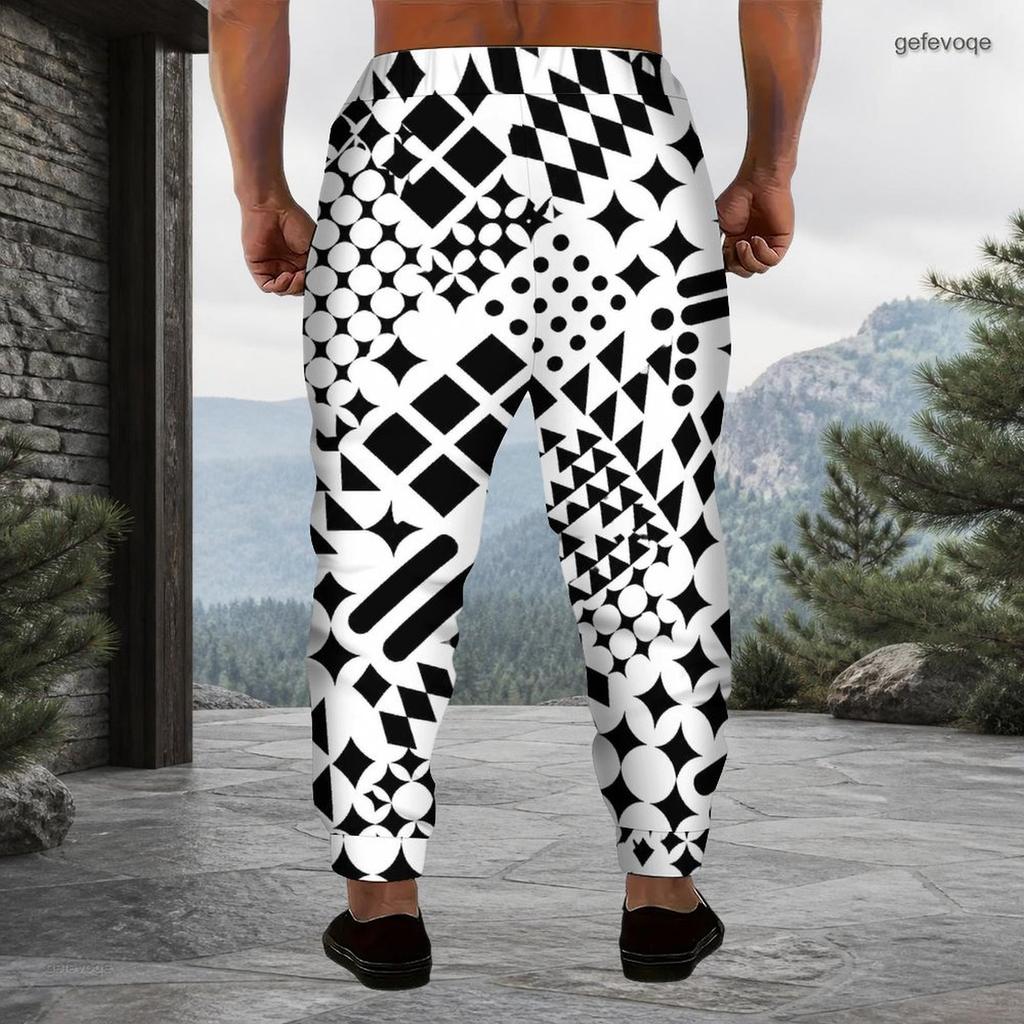 Men s Plus Size Black White Geometric Printed Drawstring Cuffed Ankle Jogger Pants With Side Pockets