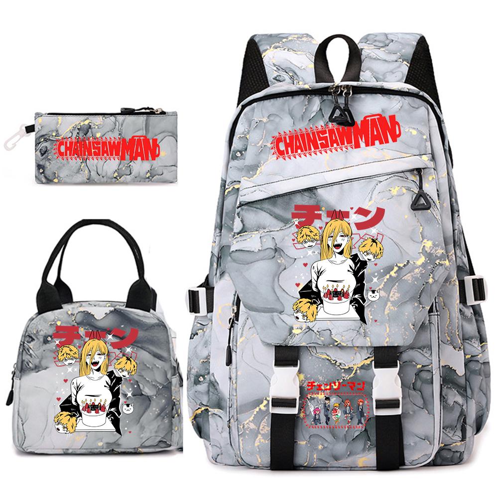 Chainsaw Man Anime Print Student Backpack Set for Girls with Lunch Bag Pencil Case School Daily Use