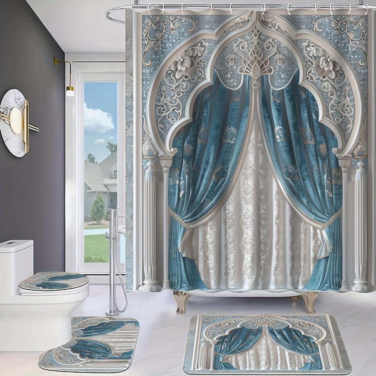 

1/4 шт., водонепроницаемая занавеска для душа с кисточками, синяя, декоративная, для ванной комнаты, нескользящий коврик для унитаза, коврик для ванной и 12 крючков 4Pcs