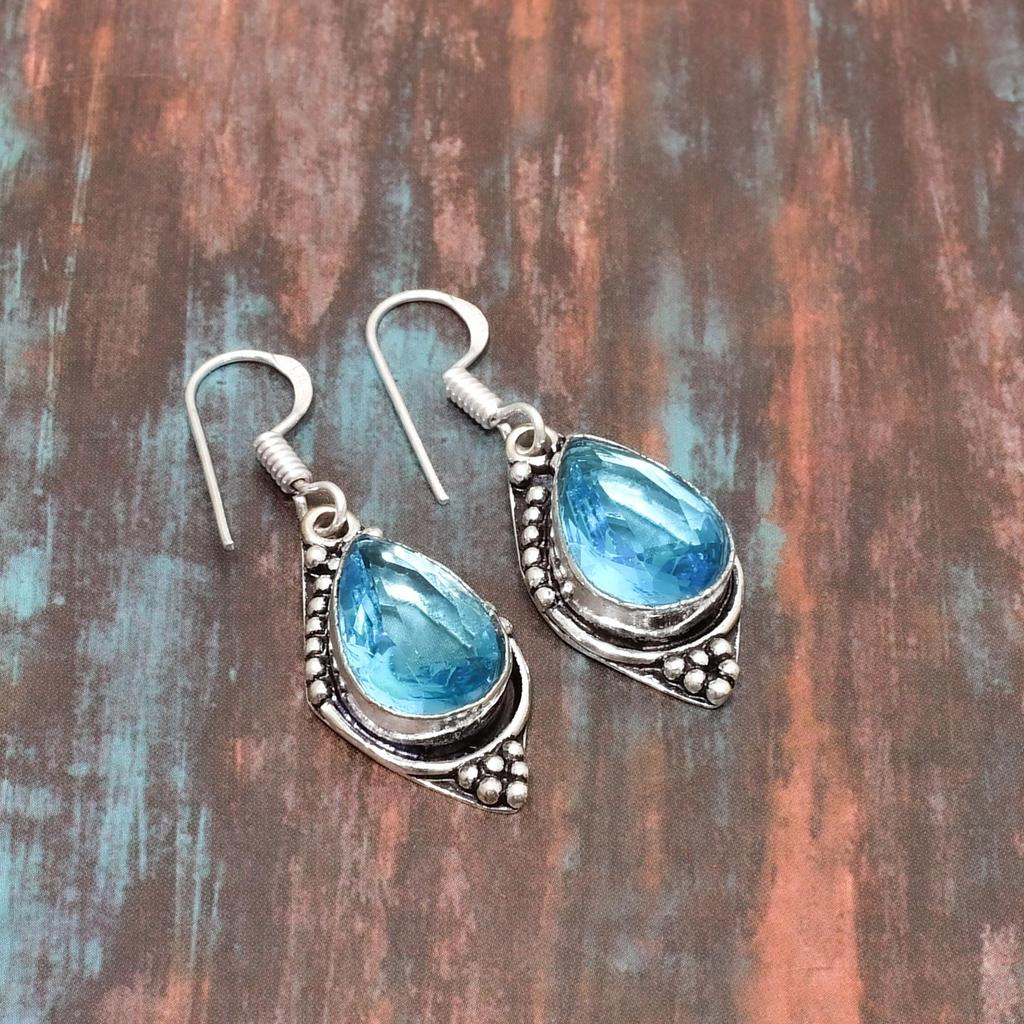 Topacio azul suizo, pendiente de joyería hecho a mano de plata de ley 925 con piedras preciosas