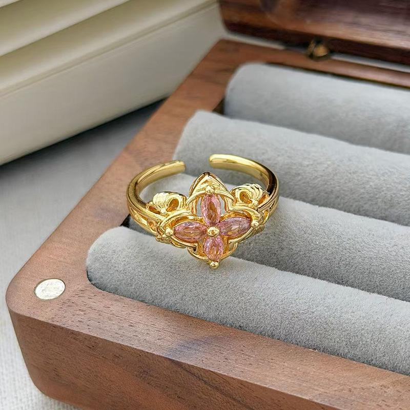Medieval Vintage Pink Zircon Colored Treasure Open Ring Niche Light Luxury High Sense Stacked With Diamond Rings Woman