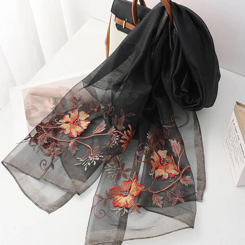 Fashion silk wool scarf women hijab pashmina shawls wrap Luxury Bandana Blanket Floral Pashmina Embroidery Scarves Foulard