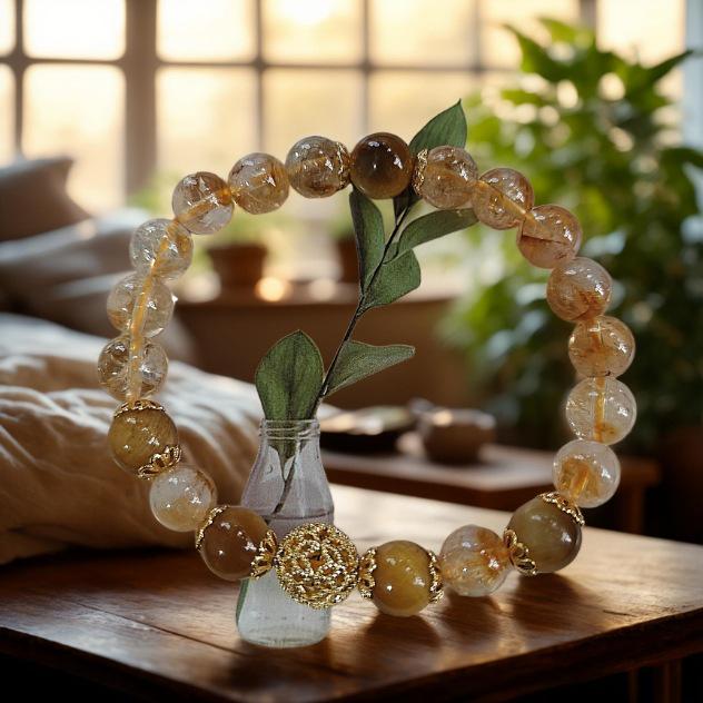 Elegant Golden Rutilated Quartz and Tiger's Eye Beaded Bracelet