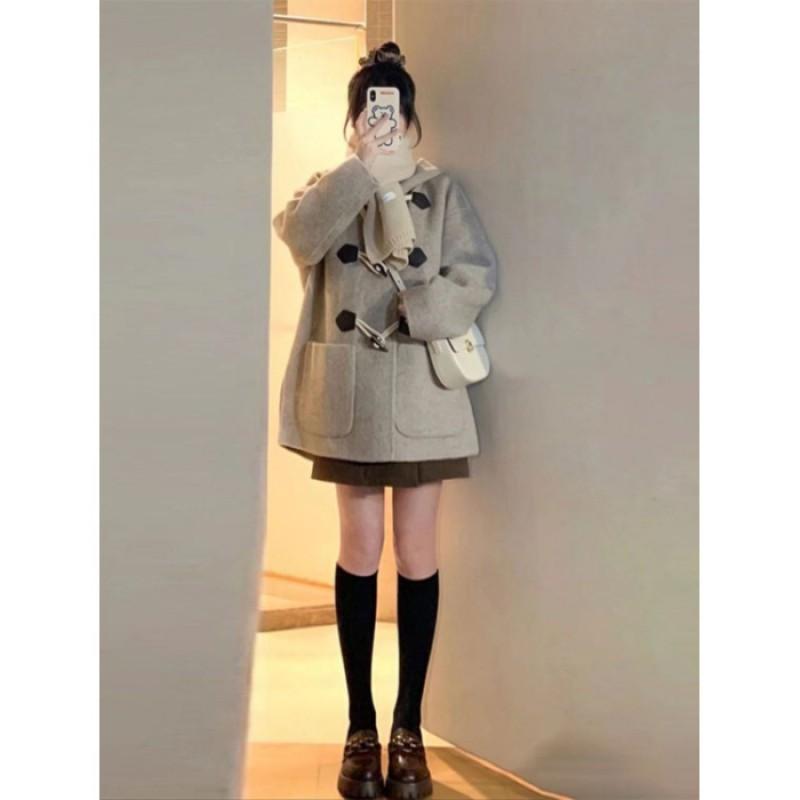 Womens Short Wool Blend Coat With Hood Horn Buttons Korean Style Oversized Winter Outerwear