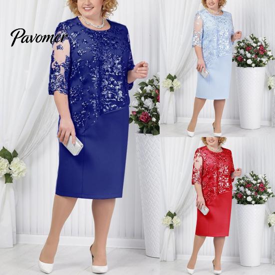 Plus Size Party Sheer Half Sleeve Floral Lace Layered Mother of Bride Midi Dress