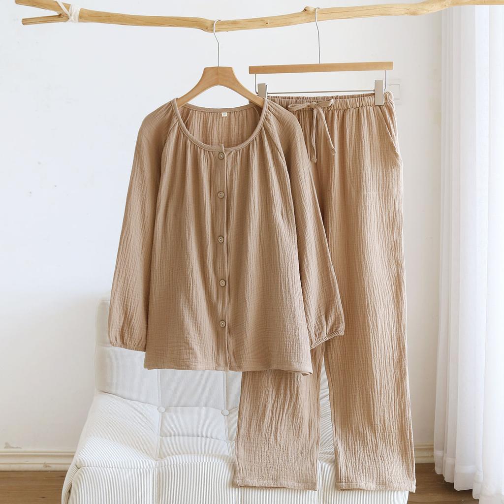 2026 Neues Frühjahrs- und Herbst-Pyjamaset 100% Baumwollkrepp Groß Langarm Lange Hose Dünn Locker Hauskleidung Zweiteiliges Set