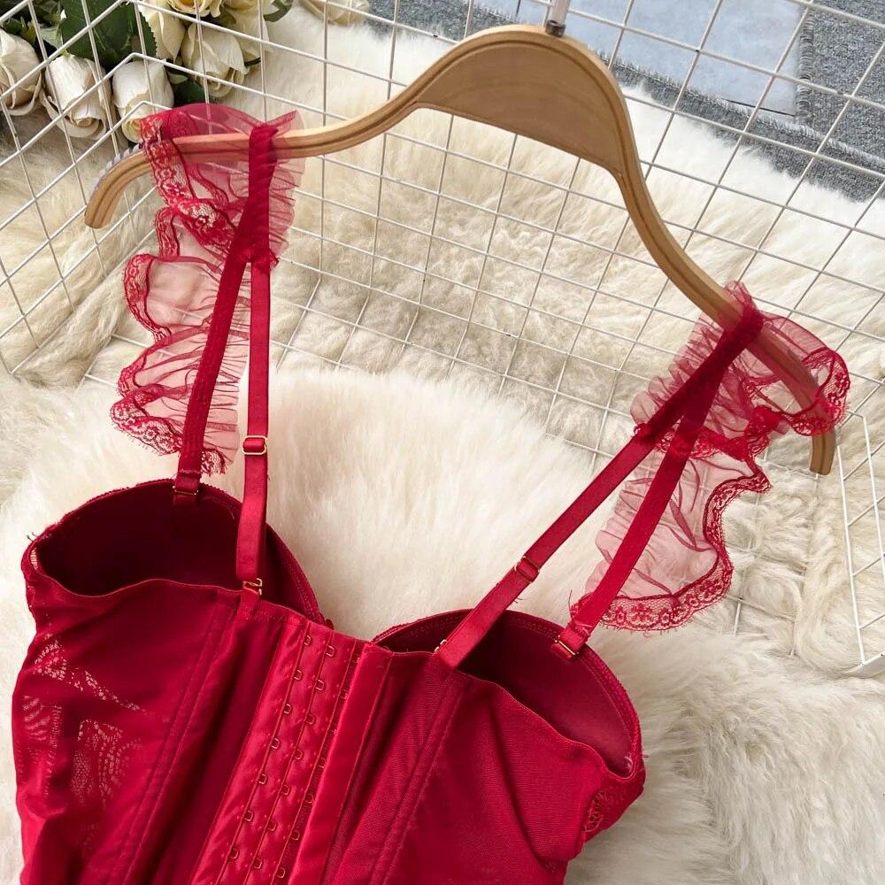 Summer Lace Sexy Underwear Suits Women Ruffles Sheer Camis Mesh Sensual Dress Suits Female Solid Erotic Open Crotch Slim Pajamas 2024