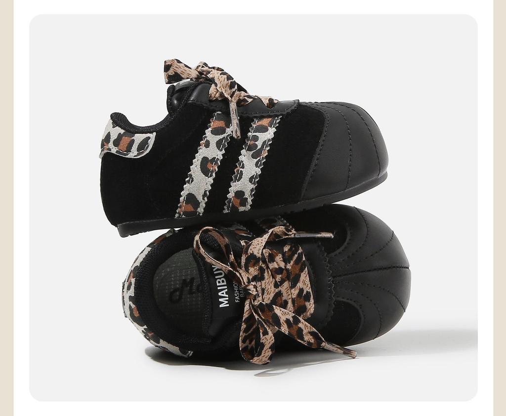 Spring 2026 Girls' Retro Leopard Print Baby Walker Shoes - Ugly Cute, Color Block Design.