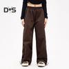Women Summer Casual Pants Elastic High Waist Straight Wide Leg Long Trousers Contrast Color Pockets Sport Pants Streetwear