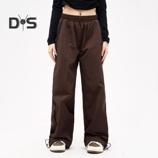 Women Summer Casual Pants Elastic High Waist Straight Wide Leg Long Trousers Contrast Color Pockets Sport Pants Streetwear