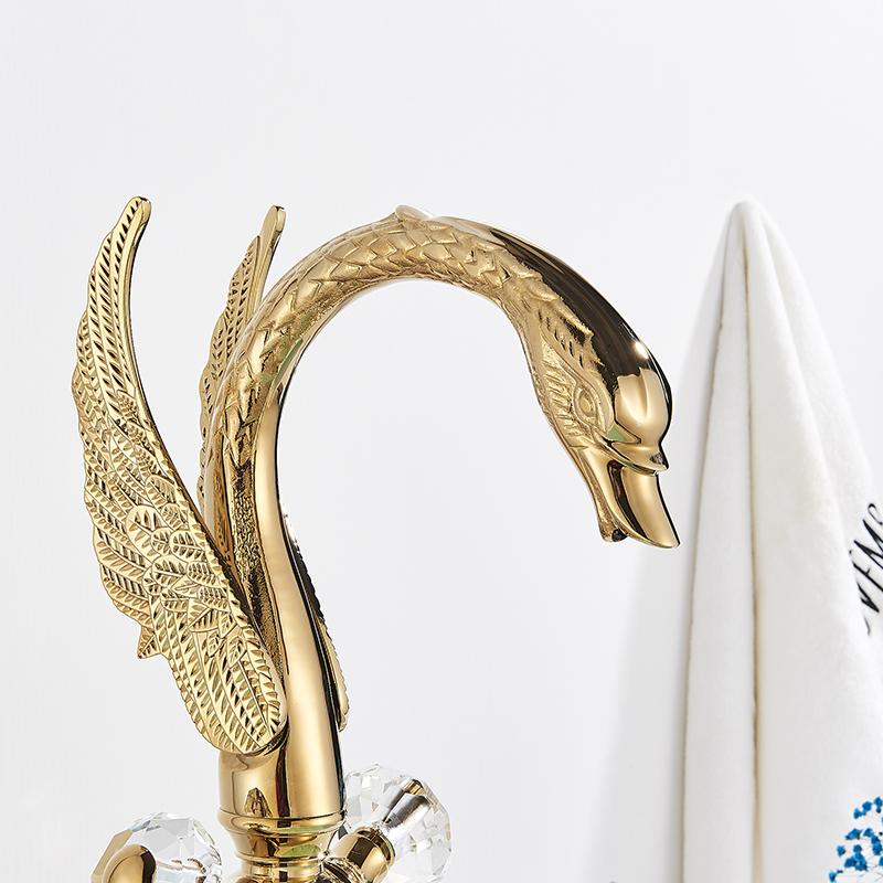 Brass Gold Black Swan Basin Faucet Deck Mounted Bathroom Faucet Hot and Cold Water Mixer Tap Bath Water Faucet Basin Faucet Taps