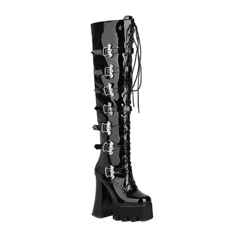 Fashion Lacquer leather women's boots  women's boots thick heel ultra-high heel muffin punk PUNK front lace up high boots