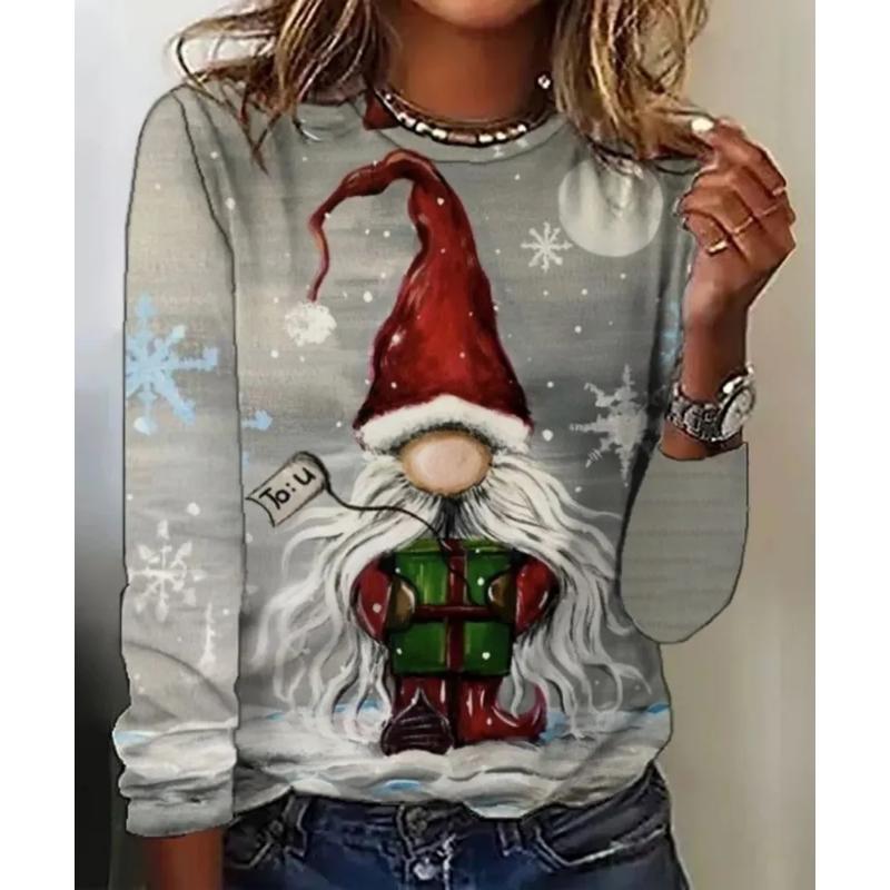 Fashion Women's Crew Neck Long Sleeve 3D Casual Color Printing Casual Long Sleeve Crew Neck T-Shirt
