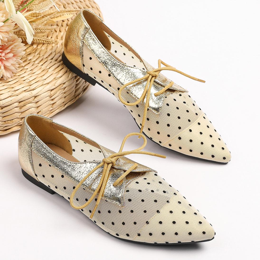 

Модные туфли-лодочки в горошек из кружева для женщин с острым носком на шнуровке, летняя обувь, дышащие сетчатые лоферы, женские мокасины с вырезами, большой размер 43 37 бежевый